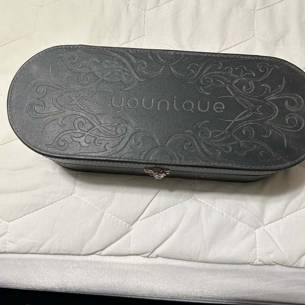 Younique Black Embossed Storage Case with eye pigments, and Younique necklace